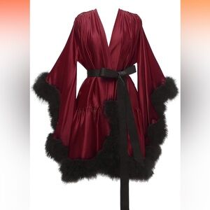 Feather robe burgundy black Changuan Women's Feather Robe Silk Satin Fur Bridal